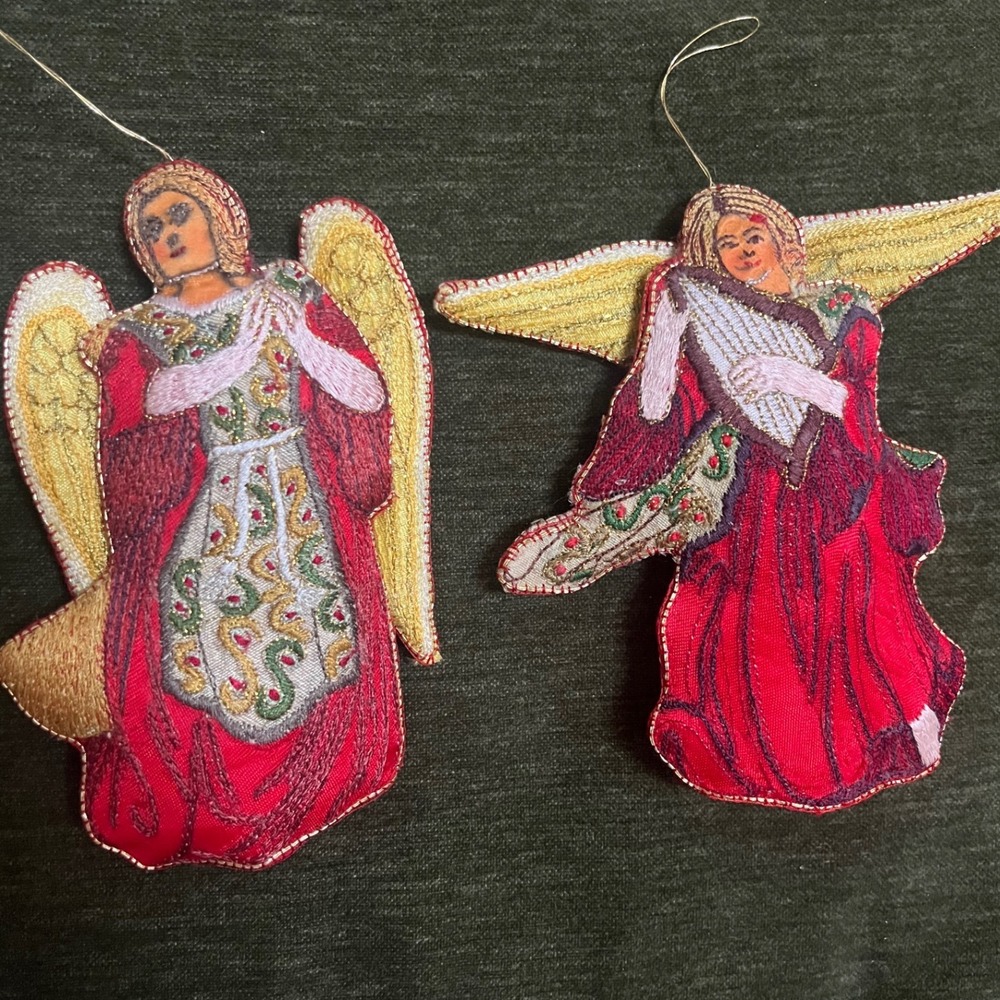 Vintage Embroidered Silk Fabric Gold Thread Christmas Ornaments Angel  set of 2